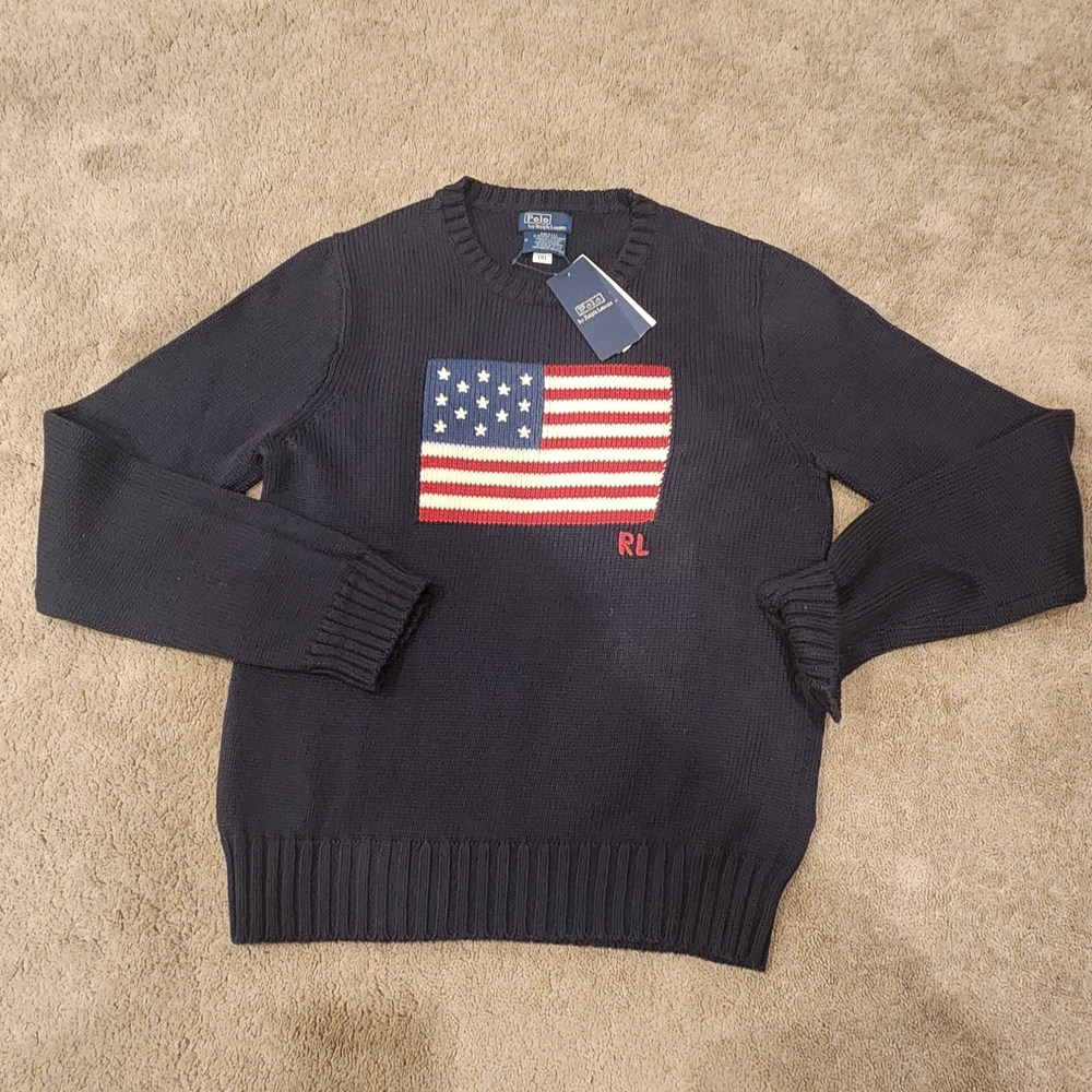 Ralph Lauren Men's Navy Sweater with Flag Design